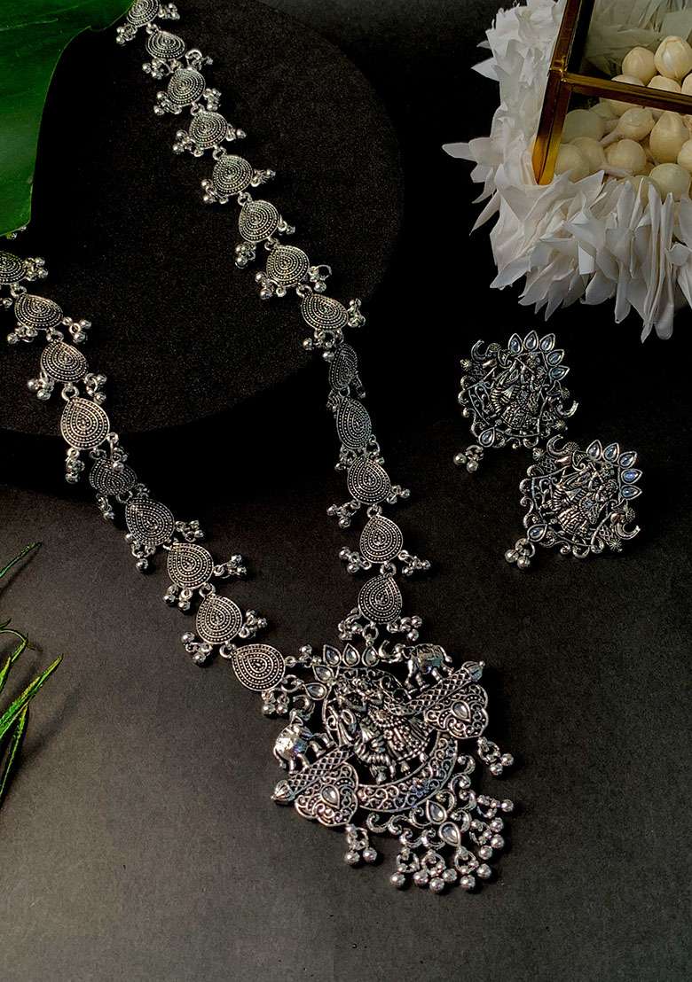 Navratri Ethnic Stylish Silver Oxidised Radha Krishna Design Long Necklace Jewellery Set - Indya