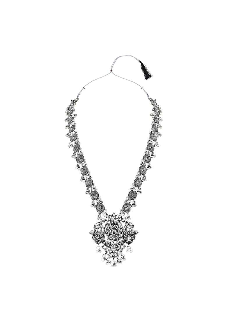 Navratri Ethnic Stylish Silver Oxidised Radha Krishna Design Long Necklace Jewellery Set - Indya