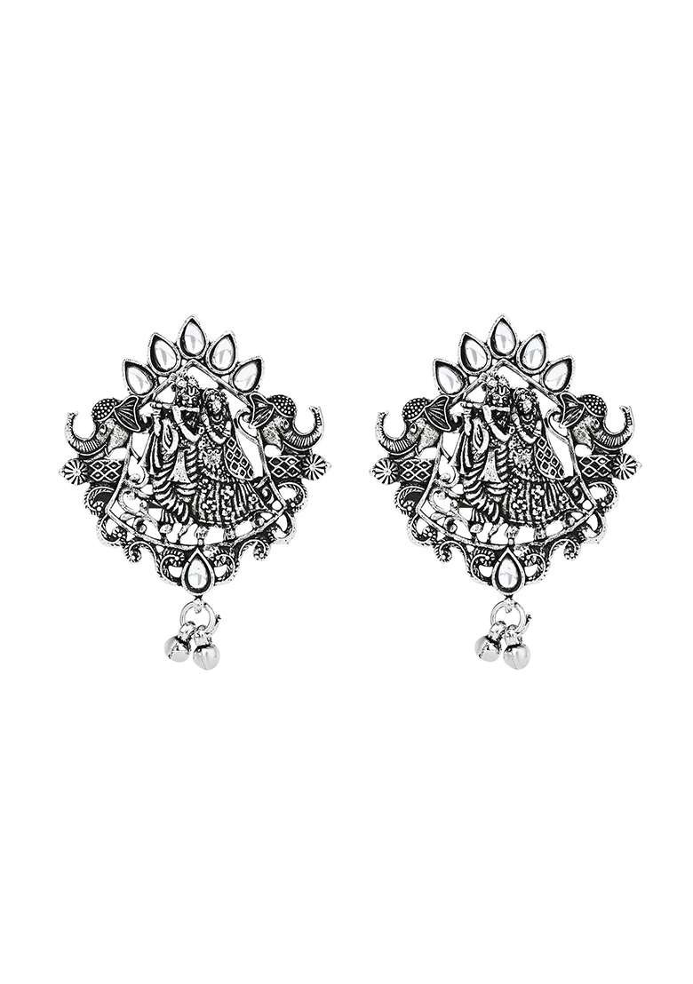 Navratri Ethnic Stylish Silver Oxidised Radha Krishna Design Long Necklace Jewellery Set - Indya
