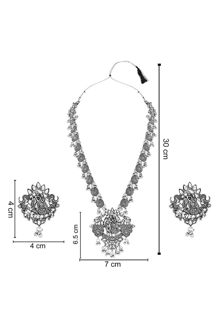 Navratri Ethnic Stylish Silver Oxidised Radha Krishna Design Long Necklace Jewellery Set - Indya