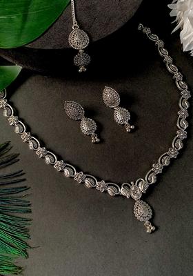 Navratri Ethnic Silver Oxidised Floral Design Ghungroo Long Necklace Jewellery With Jhumka Earrings Set