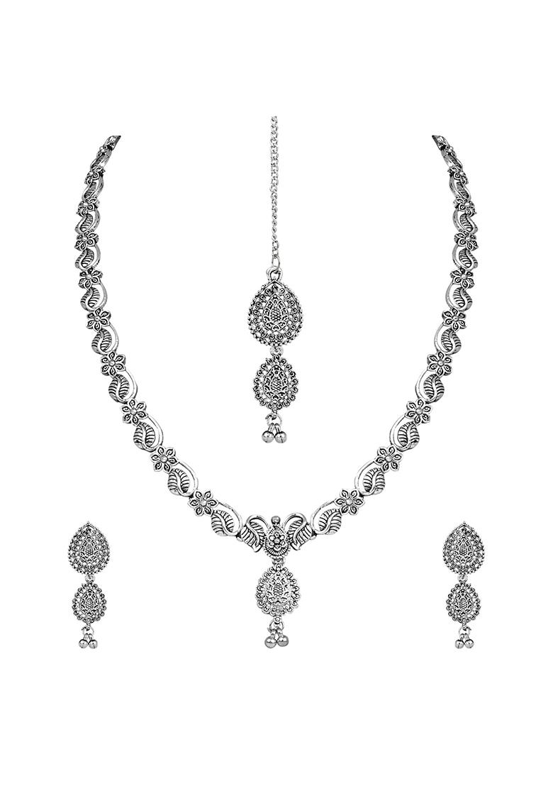 Navratri Ethnic Silver Oxidised Floral Design Ghungroo Long Necklace Jewellery With Jhumka Earrings Set