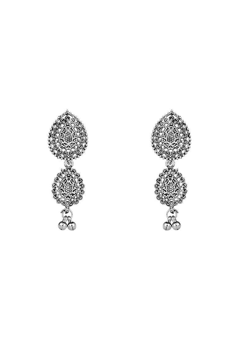 Navratri Ethnic Silver Oxidised Floral Design Ghungroo Long Necklace Jewellery With Jhumka Earrings Set