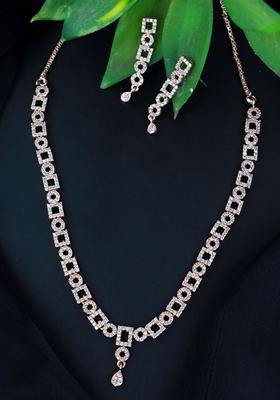 Stylish Rose Gold Plated Cubic Zirconia American Diamond Cz Ad Necklace Jewellery Set