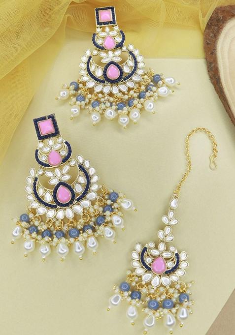 Gold Plated Traditional Kundan And Pearl Chandbali Earrings With Maang Tikka Set