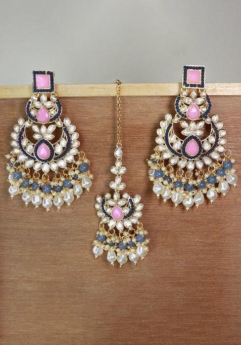 Gold Plated Traditional Kundan And Pearl Chandbali Earrings With Maang Tikka Set