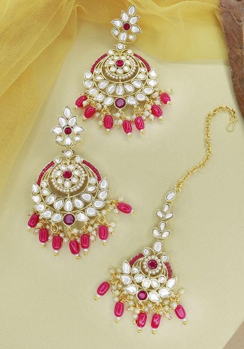 Gold Plated Traditional Kundan And Pearl Chandbali Earrings With Maang Tikka Set