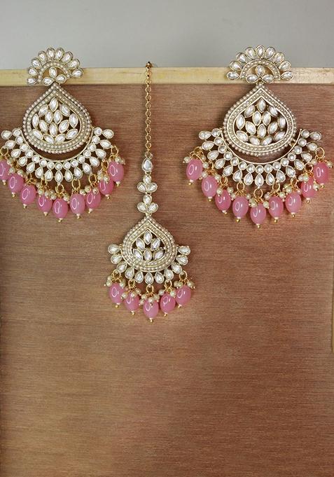 Gold Plated Traditional Kundan And Pearl Chandbali Earrings With Maang Tikka Set