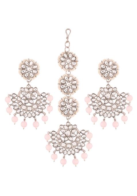 Pink Maang Tikka Earrings Set