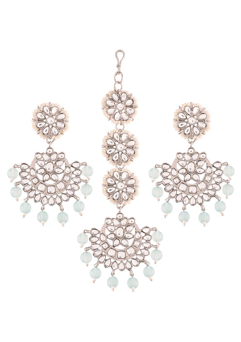 Gold Plated Kundan And Faux Pearl Chandbali Earrings With Maang Tikka Set