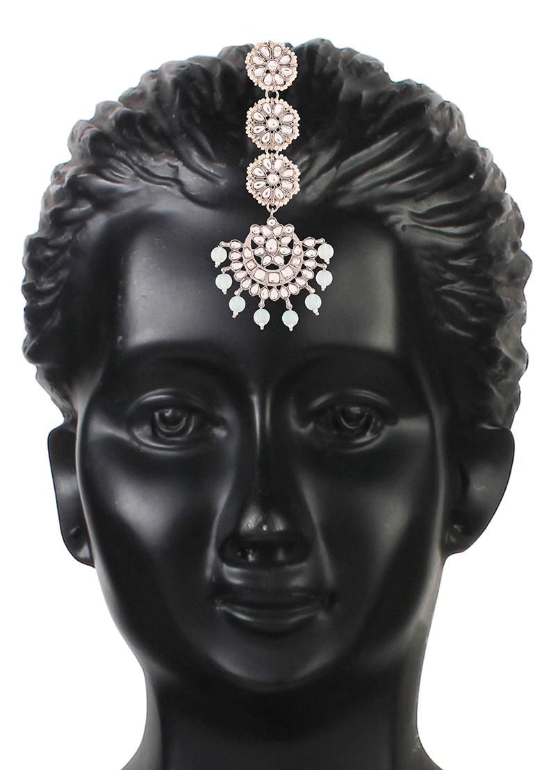 Gold Plated Kundan And Faux Pearl Chandbali Earrings With Maang Tikka Set