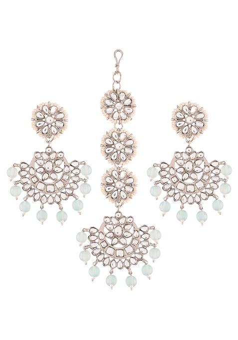 Gold Plated Kundan And Faux Pearl Chandbali Earrings With Maang Tikka Set