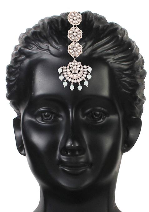 Gold Plated Kundan And Faux Pearl Chandbali Earrings With Maang Tikka Set