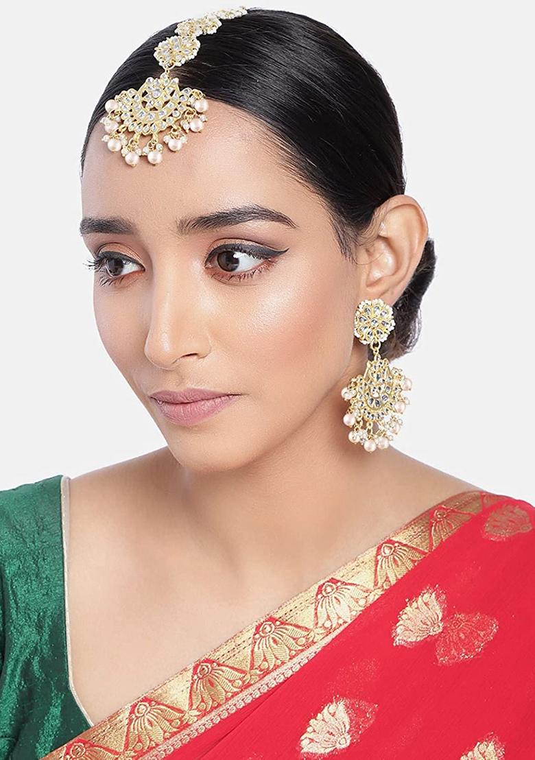 Gold Plated With Stunning Matte Kundan And Faux Pearl Chandbali Earrings With Maang Tikka Set