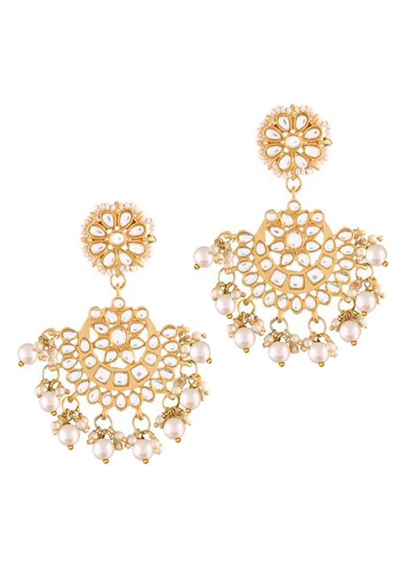 Gold Plated With Stunning Matte Kundan And Faux Pearl Chandbali Earrings With Maang Tikka Set