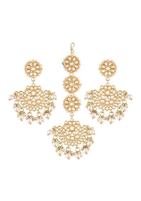 Gold Plated With Stunning Matte Kundan And Faux Pearl Chandbali Earrings With Maang Tikka Set