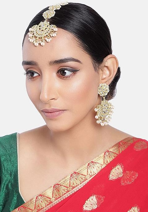 Gold Plated With Stunning Matte Kundan And Faux Pearl Chandbali Earrings With Maang Tikka Set