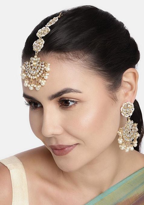 Gold Plated With Stunning Matte Kundan And Faux Pearl Chandbali Earrings With Maang Tikka Set