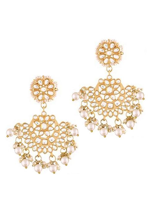 Gold Plated With Stunning Matte Kundan And Faux Pearl Chandbali Earrings With Maang Tikka Set