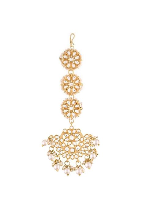 Gold Plated With Stunning Matte Kundan And Faux Pearl Chandbali Earrings With Maang Tikka Set