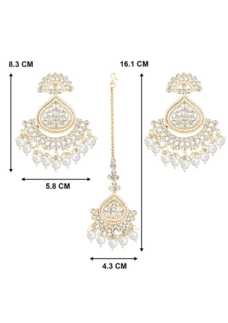 Gold Plated Traditional Kundan And Pearl Chandbali Earrings With Maang Tikka Set