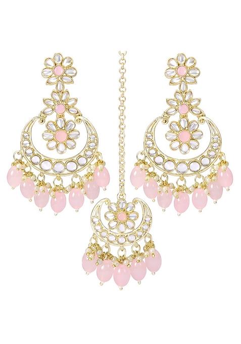 Gold Plated Traditional Handcrafted Kundan With Pearl Earrings With Maang Tikka Set