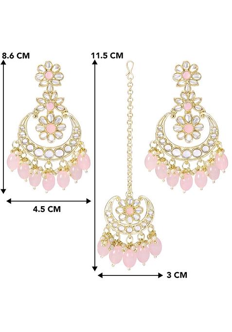 Gold Plated Traditional Handcrafted Kundan With Pearl Earrings With Maang Tikka Set