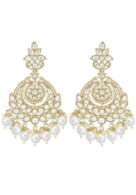 Gold Plated Traditional Kundan And Pearl Chandbali Earrings With Maang Tikka Set