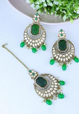 Gold Plate Traditional Pearl Kundan Stone Chandbali Earring With Maang Tikka
