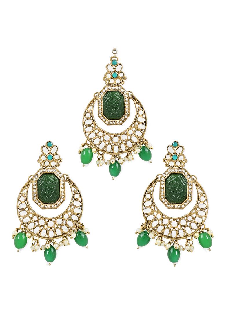 Gold Plate Traditional Pearl Kundan Stone Chandbali Earring With Maang Tikka