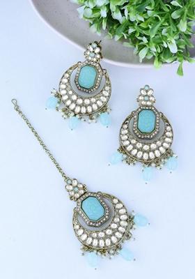 Gold Plated Traditional Pearl Kundan Stone Chandbali Earring With Maang Tikka