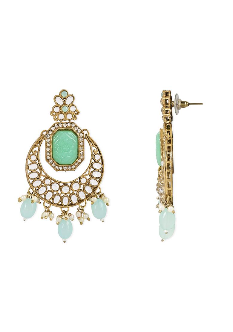 Gold Plated Traditional Pearl Kundan Stone Chandbali Earring With Maang Tikka - Indya