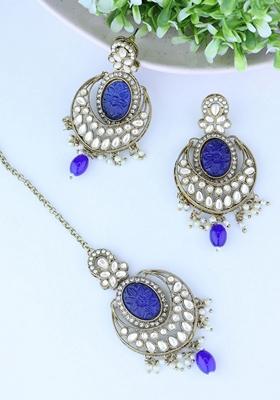 Gold Plated Traditional Pearl Kundan Stone Chandbali Earring With Maang Tikka