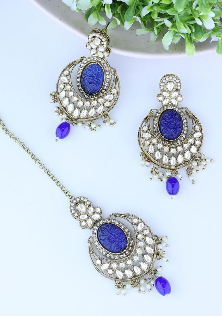 Gold Plated Traditional Pearl Kundan Stone Chandbali Earring With Maang Tikka