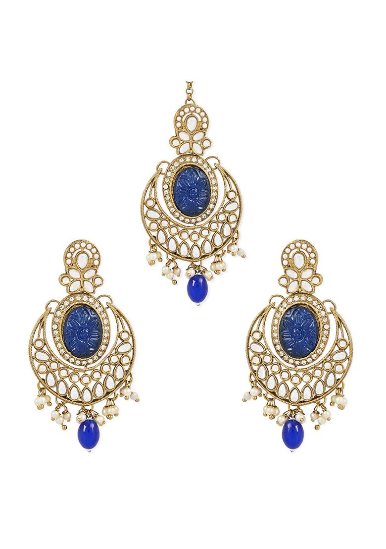 Gold Plated Traditional Pearl Kundan Stone Chandbali Earring With Maang Tikka