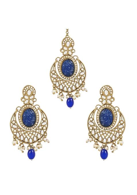Gold Plated Traditional Pearl Kundan Stone Chandbali Earring With Maang Tikka