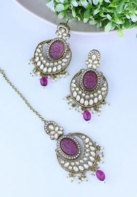 Gold Plated Traditional Pearl Hanging Kundan Stone Chandbali Earring With Maang Tikka