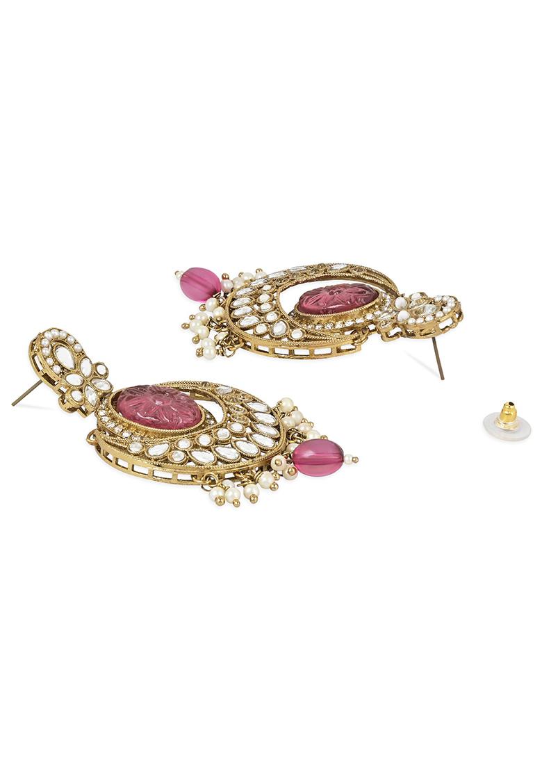 Gold Plated Traditional Pearl Hanging Kundan Stone Chandbali Earring With Maang Tikka