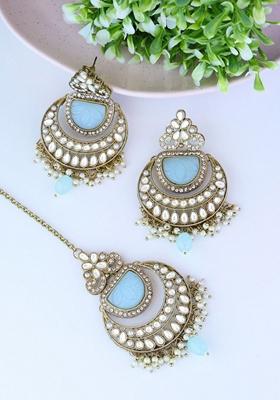 Gold Plated Traditional Pearl Hanging Kundan Stone Chandbali Earring With Maang Tikka