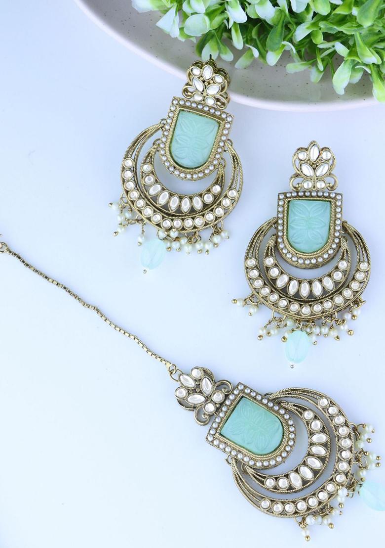 Gold Plated Traditional Kundan Pearl With Meena Work Chandbali Earrings With Maang Tikka Set