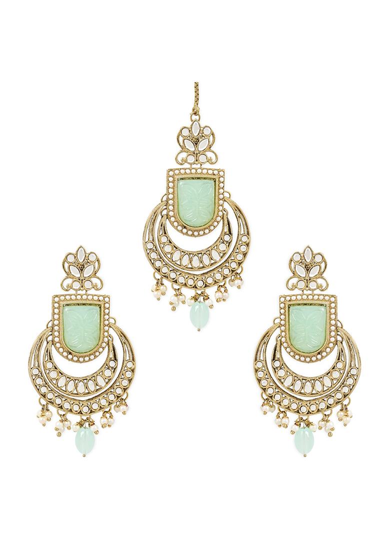 Gold Plated Traditional Kundan Pearl With Meena Work Chandbali Earrings With Maang Tikka Set