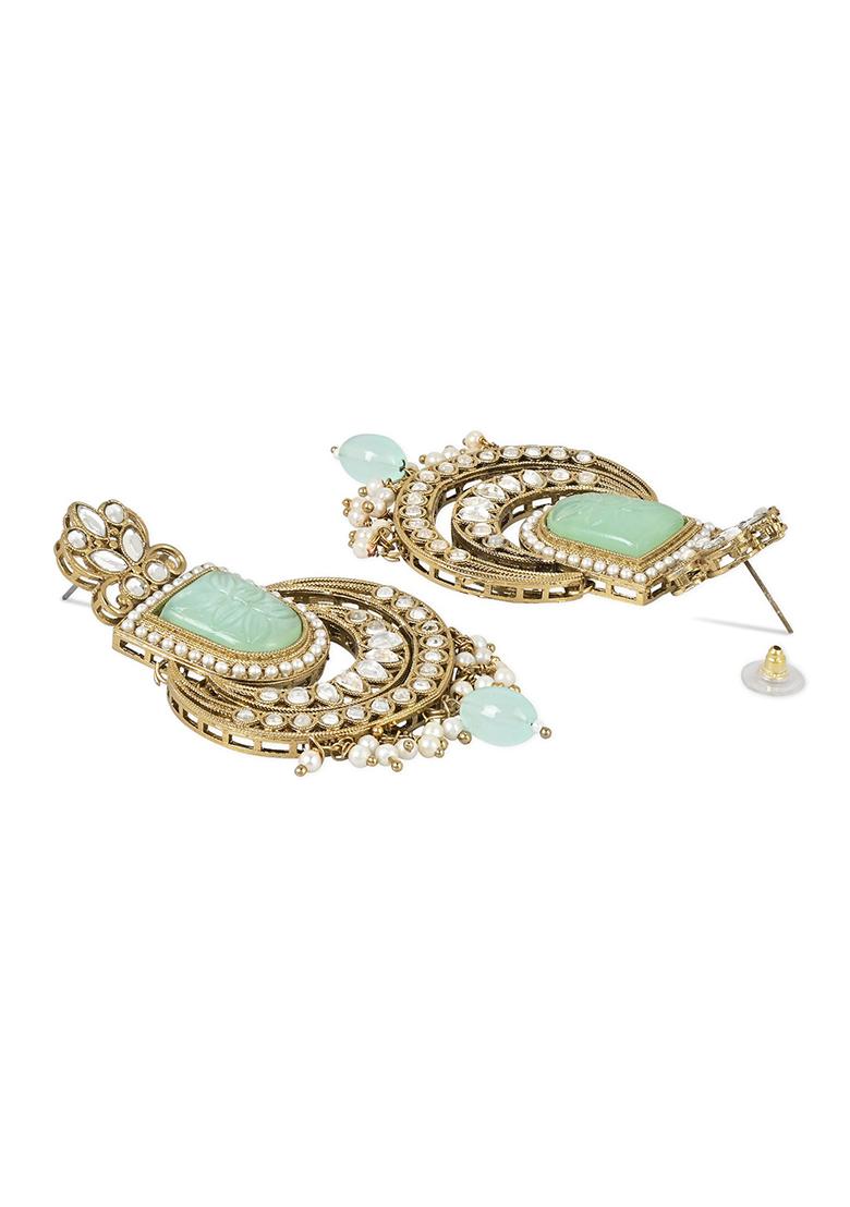 Gold Plated Traditional Kundan Pearl With Meena Work Chandbali Earrings With Maang Tikka Set