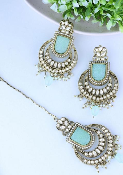 Gold Plated Traditional Kundan Pearl With Meena Work Chandbali Earrings With Maang Tikka Set