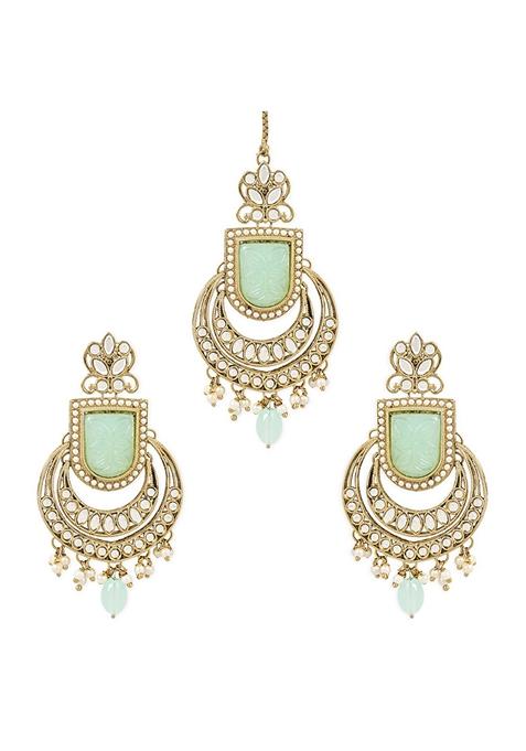 Gold Plated Traditional Kundan Pearl With Meena Work Chandbali Earrings With Maang Tikka Set