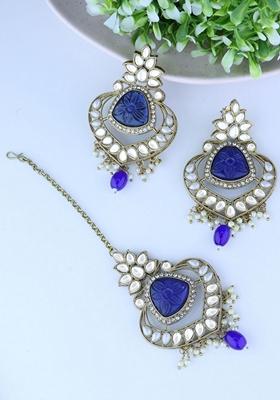 Gold Plated Traditional Kundan Pearl Chandbali Earrings With Maang Tikka