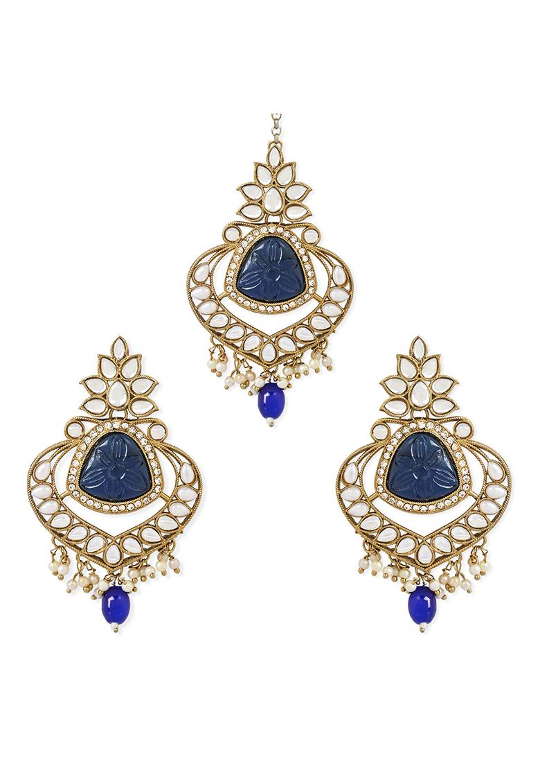 Gold Plated Traditional Kundan Pearl Chandbali Earrings With Maang Tikka