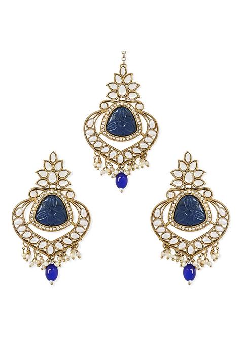 Gold Plated Traditional Kundan Pearl Chandbali Earrings With Maang Tikka