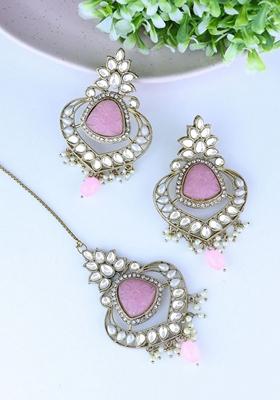Gold Plated Traditional Pearl Hanging Kundan Stone Chandbali Earring With Maang Tikka