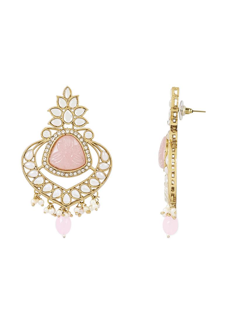 Gold Plated Traditional Pearl Hanging Kundan Stone Chandbali Earring With Maang Tikka - Indya