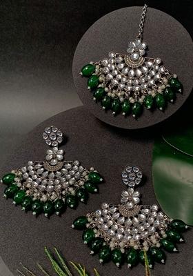 Ethnic Stylish Silver Oxidised Kundan Pearl Chandbali Earrings With Maang Tikka Set